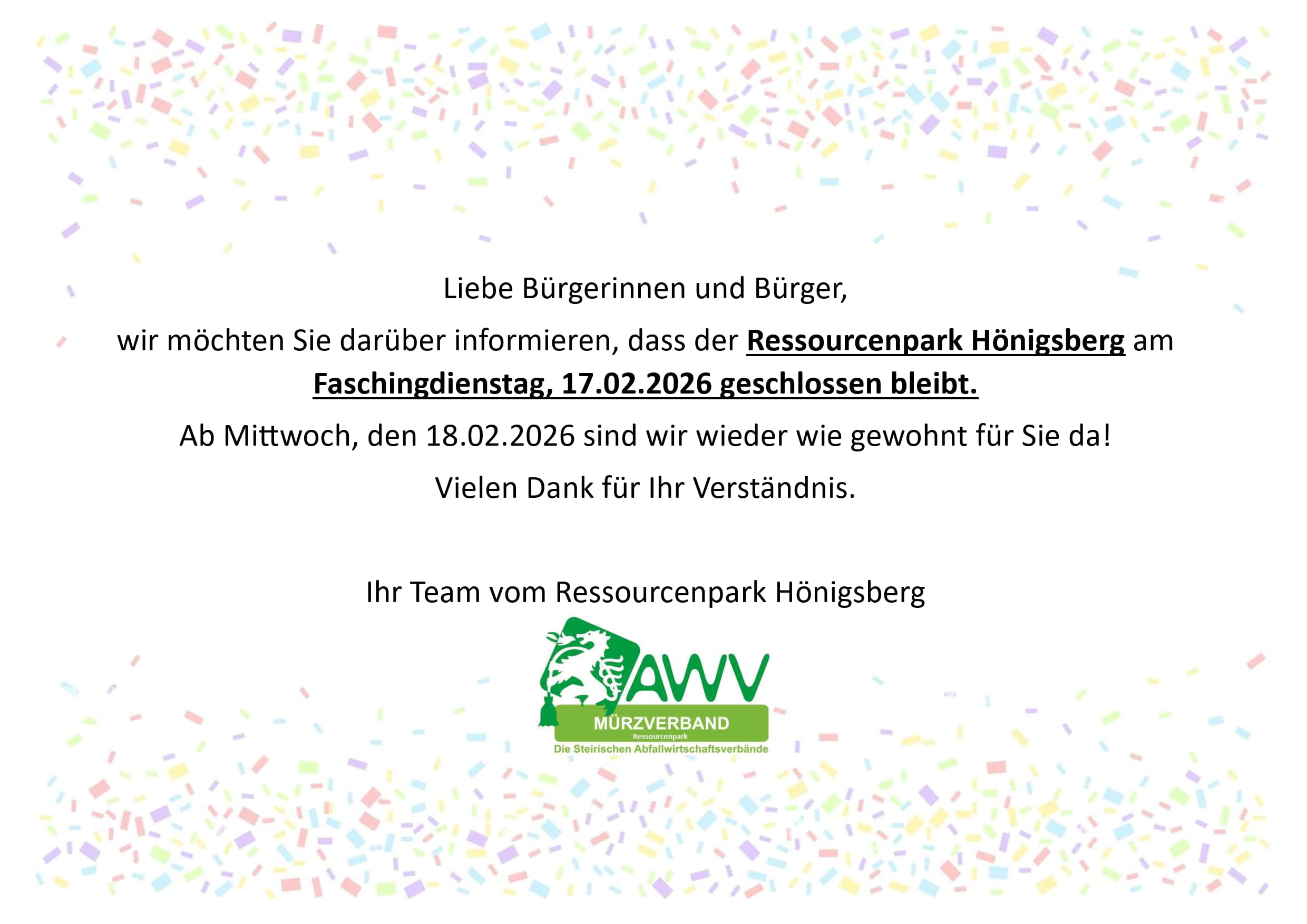 2026 RP Hönigsberg_Faschingdienstag geschlossen_1